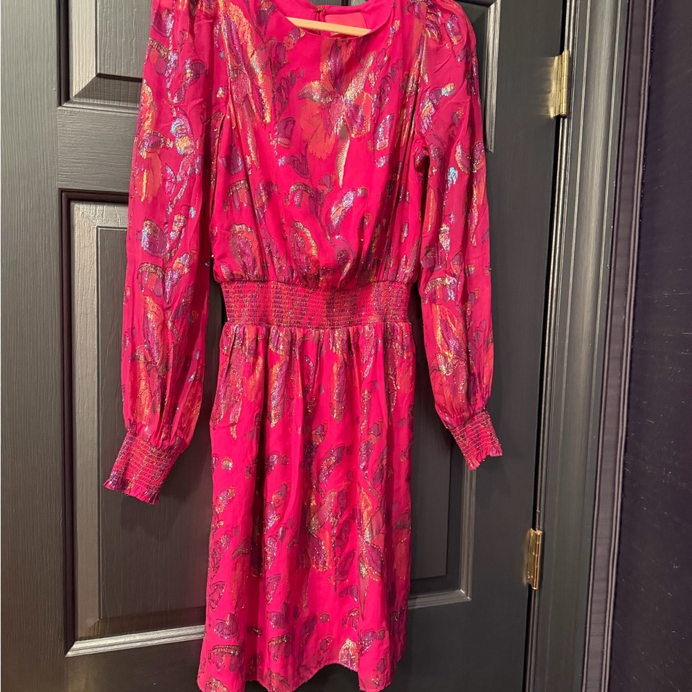Lilly Pulitzer Hot Pink Long-Sleeve Smocked-Waist Dress with Metallic Accents